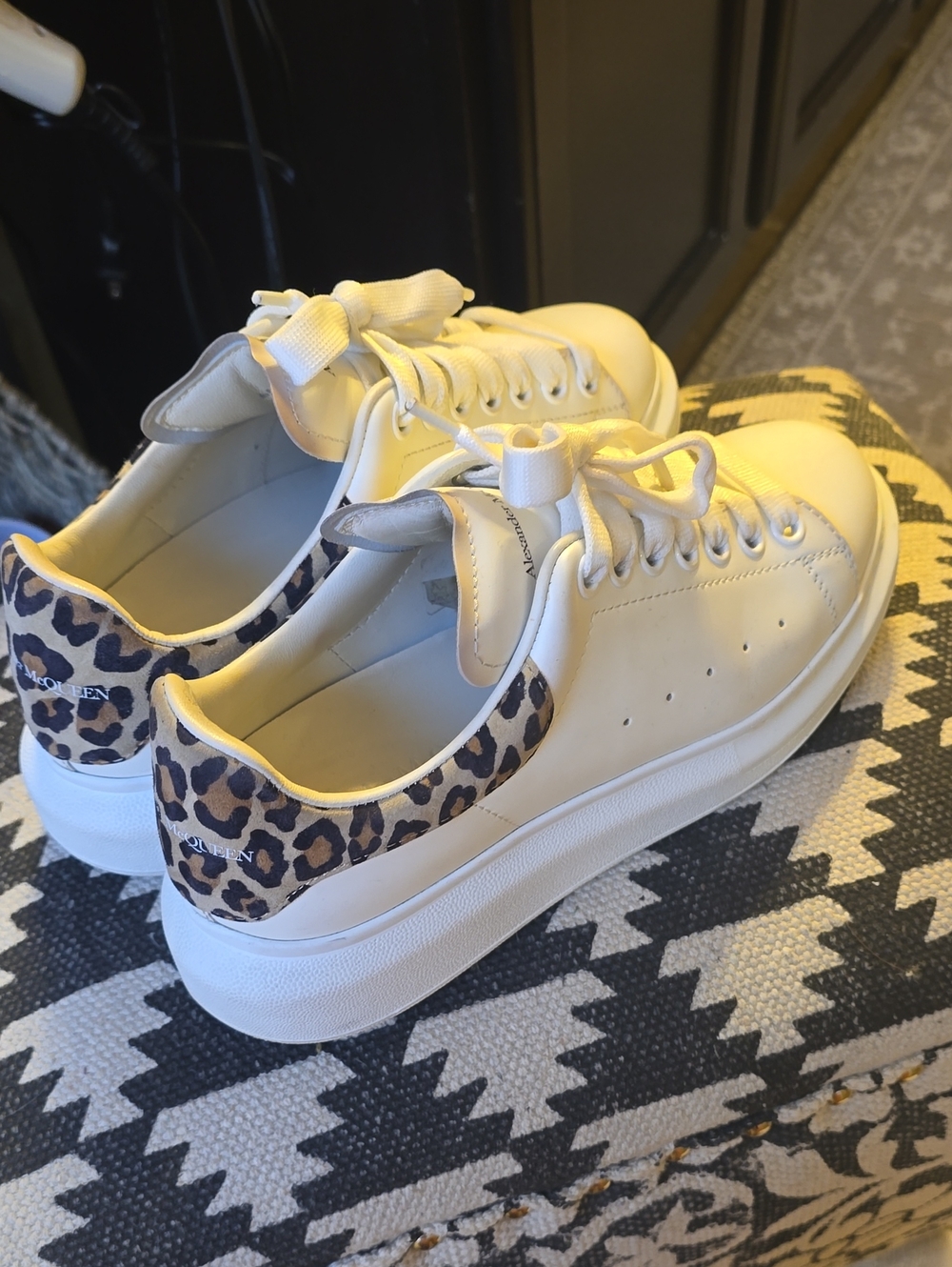 Alexander McQueen White Leather Sneakers with Leopard-Print Heel Accent 7.5 W